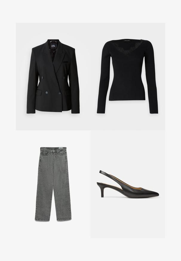 Svart dubbelknäppt blazer i en glansig tygkvalitet, med slagkrage, två framfickor och diskreta knappar för stängning.; Svart långärmad ribbad topp med V-ringning och spetsdetaljer. Tygets textur verkar slät och åtsittande, vilket gör den lämplig för lager på lager-stilar.; Höga gråjeans med rak benstil, knap und dragkedja, bälteshällor samt fram- och bakfickor.; Svart pumps i läder med öppen hälrem, spetsig tå och låg kittenklack, sedd från sidan mot en enkel vit bakgrund.