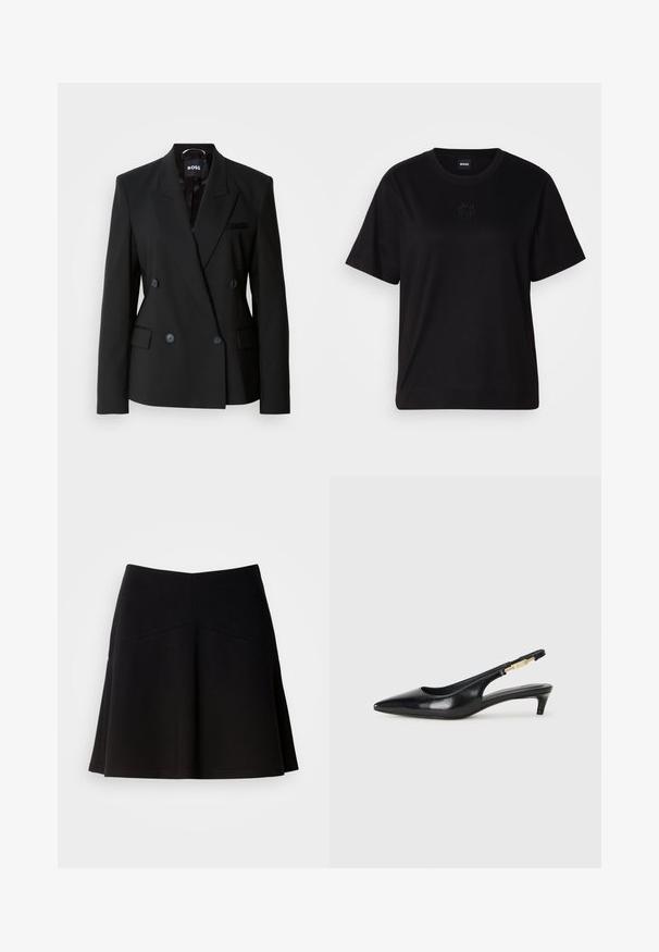 Blazer negro de corte doble, confeccionado en tejido suave, que presenta un cuello con muesca, dos bolsillos frontales y botones discretos para el cierre.; Camiseta de algodón negra con cuello redondo, mangas cortas y un logo bordado en el pecho. Ajuste simple y relajado sin patrones.; Falda negra acampanada hecha de una tela suave, con una cinturilla ajustada y detalles en las costuras. Textura suave con un diseño simple y clásico.; Tacones negros de piel sintética tipo slingback con punta afilada, que cuentan con un tacón delgado y un detalle en tono dorado en la correa ajustable. Textura suave.