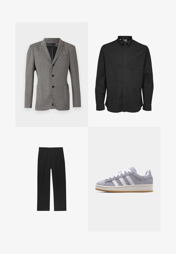 Blazer grigio realizzato in tessuto testurizzato. Presenta rever a punta, due tasche frontali, tre bottoni e una vestibilità su misura.; Camicia nera a maniche lunghe con bottoni in tessuto di cotone, caratterizzata da un colletto classico, tasca frontale e bottoni neri abbinati.; Pantaloni neri con un design a gamba dritta, realizzati in un tessuto liscio. Presentano pieghe frontali e una chiusura a un bottone in vita.; Sneakers in suede grigio con strisce bianche, punta rotonda e suola in gomma. Presentano perforazioni laterali e una linguetta sul tallone testurizzata.