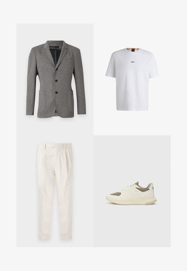 Gray blazer made from textured fabric. Features a notched lapel, two front pockets, three buttons, and a tailored fit.; White cotton T-shirt with short sleeves, featuring a black "BOSS" logo centered on the chest and a round neck design.; White, pleated trousers with a tailored fit, featuring a smooth texture, belt loops, and tapered legs. No visible pockets or patterns.; White and light beige athletic sneaker, featuring a mesh upper, perforated detailing, and a textured midsole with branding on the heel.