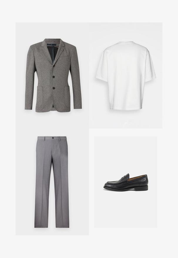 Harmaa bleiseri, joka on valmistettu teksturoidusta kankaasta. Siinä on viistetty kaulus, kaksi etutaskua, kolme nappia ja istuva malli.; Valkoinen lyhythihainen t-paita, löysä malli, pyöreä pääntie, sileä puuvillakangas, koristamaton selkä, suora helma, ei kuvioita tai yksityiskohtia.; Harmaat räätälöidyt housut, joissa on tasainen etuosa, kaksi sivutaskua ja yksi nappikiinnitys. Sileä pinta, jossa on hienovarainen pinstripe-kuvio.; Mustat nahkaloaferit, joissa on sileä pinta, pyöreä varvas ja koristeompeleet varpaansuojassa. Matala pinottu korko ja hieno kiilto.