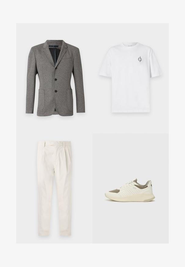 Gray blazer made from textured fabric. Features a notched lapel, two front pockets, three buttons, and a tailored fit.; White cotton t-shirt with a relaxed fit, featuring a small black graphic logo on the left chest area. Short sleeves, crew neck style.; White, pleated trousers with a tailored fit, featuring a smooth texture, belt loops, and tapered legs. No visible pockets or patterns.; White and light beige athletic sneaker, featuring a mesh upper, perforated detailing, and a textured midsole with branding on the heel.