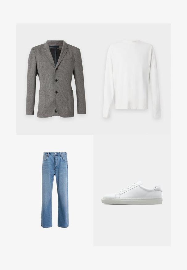 Gray blazer made from textured fabric. Features a notched lapel, two front pockets, three buttons, and a tailored fit.; Long-sleeved white cotton shirt with a round neckline, side slits at the bottom, and a smooth texture, displayed from the back.; Light blue denim jeans with a straight-leg design, five pockets, button closure, minimal fading, and contrasting stitching details.; White sneaker with a smooth leather upper and a low profile. Features a rounded toe, six eyelets, and a textured rubber sole.