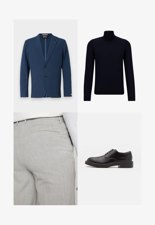 Blazer bleu marine en tissu texturé, doté d'un devant à deux boutons, de revers crantés, de deux poches avant et d'un motif subtil.; Pull en col roulé bleu marine foncé en tissu finement tricoté, à manches longues et à encolure haute ajustée. Sans motifs ni accents visibles.; Pantalon gris clair sur mesure en tissu texturé, avec une seule poche arrière et des coutures nettes.; Chaussure noire en cuir à lacets avec un embout arrondi, texture lisse, piqures minimales et un petit talon en caoutchouc. Logo sur le talon.