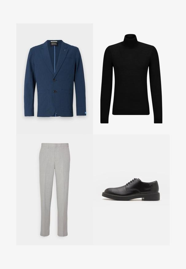 Sacou bleumarin dintr-un material texturat, cu un sistem de închidere cu două butoane, rever cusut, două buzunare frontale și un design subtil cu modele.; Pulover negru cu guler înalt, realizat dintr-un material moale, cu mâneci lungi și o croială ajustată. Tiv și mansete cu margine ondulată. Design simplu.; Pantaloni gri deschis cu o textură netedă, față plată și picioare drepte. Realizați dintr-o țesătură respirabilă, cu buzunare interioare și brâie.; Pantofii din piele neagră, cu șireturi, au vârful rotunjit, o textură netedă, cusături minime și un toc de cauciuc scăzut. Logo pe toc.