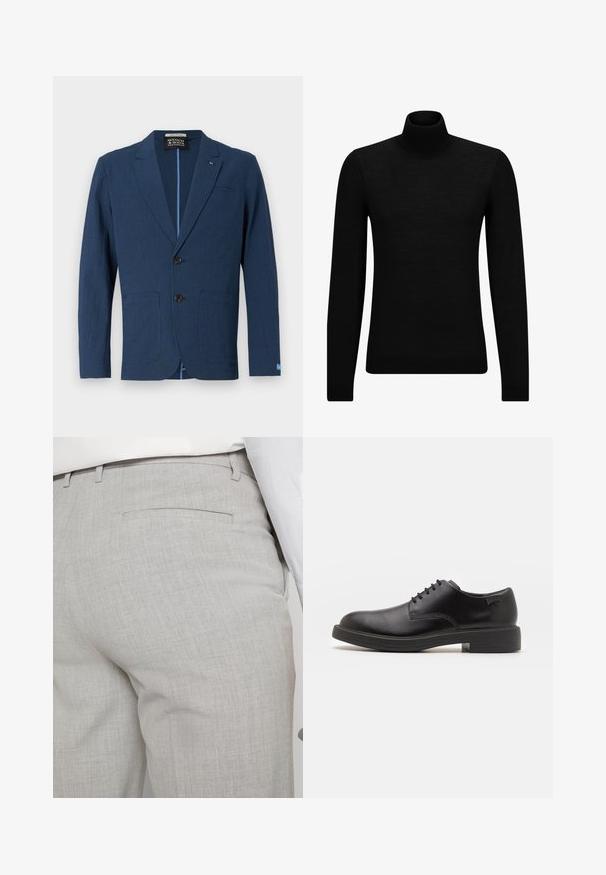 Navy blue blazer made of textured material, featuring a two-button front, notched lapels, two front pockets, and a subtle patterned design.; Black turtleneck sweater made of soft material, featuring long sleeves and a snug fit. Ribbed trim at the hem and cuffs. Simple design.; Light gray tailored trousers made of textured fabric, featuring a single back pocket and clean stitching.; Black leather lace-up shoe with a rounded toe, smooth texture, minimal stitching, and a low rubber heel. Logo on the heel.