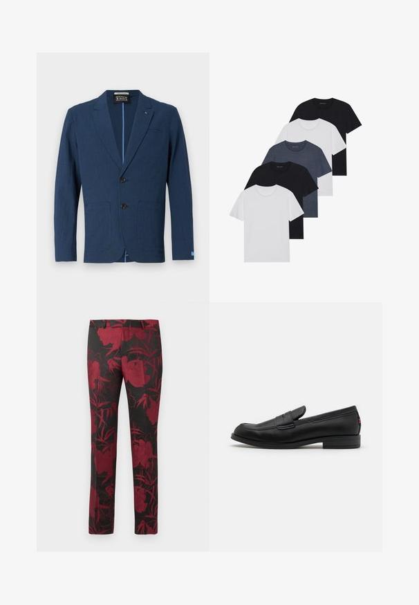 Námořnický modrý blazer vyrobený z texturovaného materiálu, s předním zapínáním na dva knoflíky, výstřihy s notched designem, dvěma předními kapsami a jemným vzorovaným designem.; Sada pěti triček v černé, bílé a námořnické modré barvě. Bavlněná tkanina, krátké rukávy, kulatý límec a hladký povrch bez vzorů.; Černé kalhoty s květinovým vzorem v tmavě červené barvě, hladkým povrchem a propracovaným střih. Standardní pás a rovný střih nohavic.; Černé kožené mokasíny s hladkým povrchem, kulatou špičkou a malým dekorativním klopou. Mají nízký stočený podpatek a decentní branding.