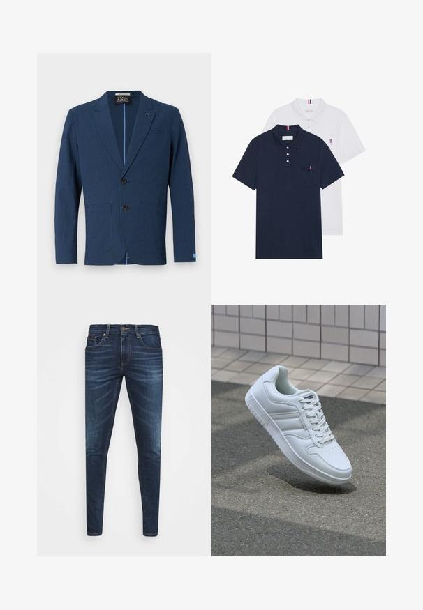 Tumedat sinine bleiser, mis on valmistatud tekstuurilisest materjalist, kahetöödise eesmine, lõigatud kraed, kaks esipoksi ja peene mustriga disain.; Kaks polo särki: üks tumesinine ja üks valge, mõlemal on rinnataskul ja krael väike punase, valge ja sinise aktsent.; Tumedat sinised teksad kitsas lõikes, kerge kulumisega, viie taskuga ja metallnööbiga sulgemine. Õmmeldud aktsendid kontrastsetes värvides.; Valge spordijalanõud silederja nahkvarrega, ninast paeltega, perforatsiooni tõttu ventilatsiooniga ning mustrilise tallaga. Minimalistlik disain, millel on kolm külgmist triipu.