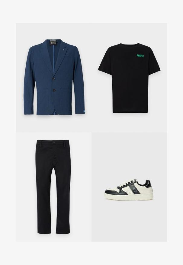 Navy blue blazer made of textured material, featuring a two-button front, notched lapels, two front pockets, and a subtle patterned design.; Black t-shirt made of cotton with short sleeves. Features a green "ROOTS" logo on the front, round neckline, and standard fit.; Black trousers made of smooth fabric, featuring a flat front, standard waist with belt loops, and straight legs. Classic design with no patterns.; Leather sneakers with a black and cream color scheme, featuring perforated accents, a padded collar, and a textured outsole.