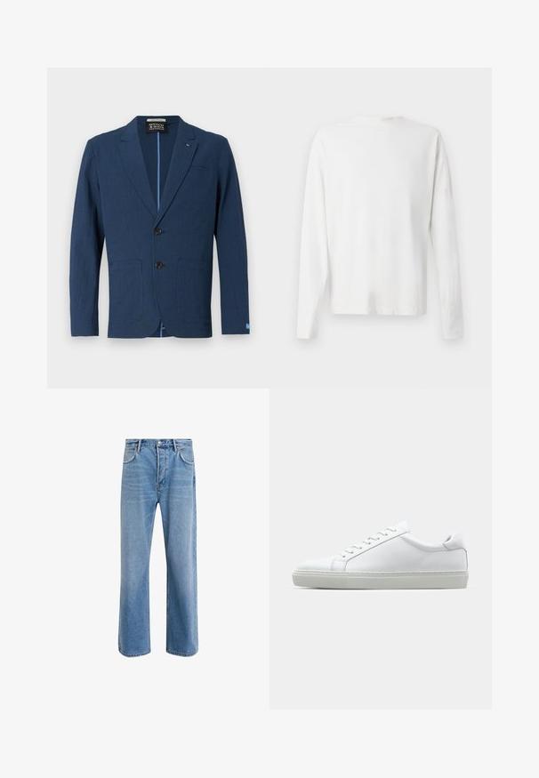 Mornarsko plavi blejzer od teksturiranog materijala, s prednjim zakopčavanjem na dva gumba, urezanim reverima, dva prednja džepa i suptilnim uzorkom.; Bijela pamučna košulja dugih rukava s okruglim izrezom, bočnim prorezima pri dnu i glatkom teksturom, prikazana s leđa.; Svijetloplave traperice s ravnim nogavicama, pet džepova, zatvaranjem na gumb, minimalnim izbljeđivanjem i kontrastnim šavovima.; Bijela tenisica s glatkim kožnim gornjim dijelom i niskim profilom. Ima zaobljen vrh, šest rupica za vezanje i teksturiranu gumenu podlogu.