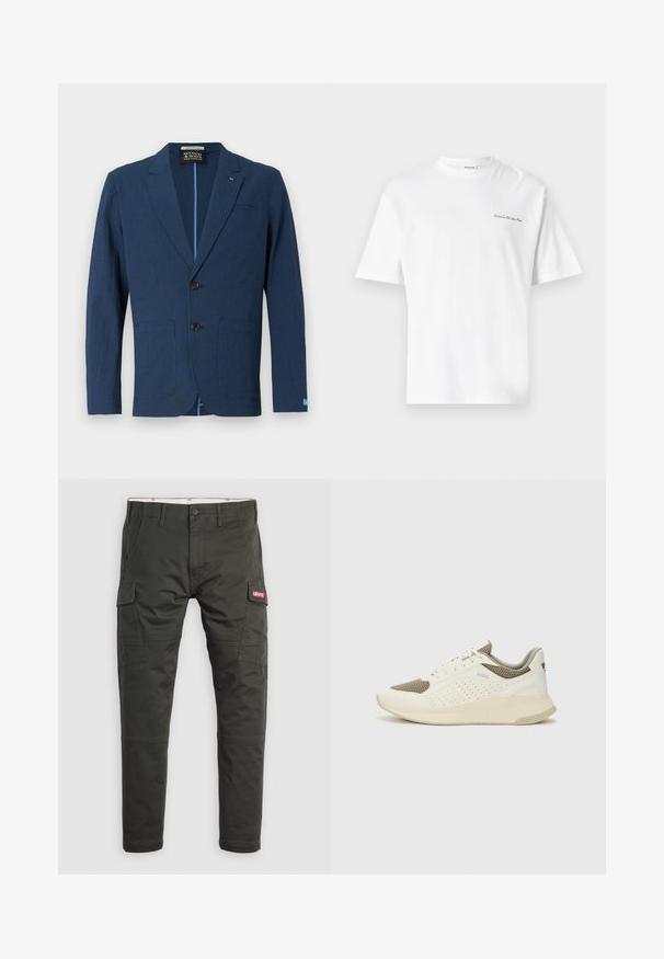 Navy blue blazer made of textured material, featuring a two-button front, notched lapels, two front pockets, and a subtle patterned design.; White cotton t-shirt with short sleeves and a crew neckline, featuring a small printed text detail on the left side.; Dark green cargo pants made of cotton with a fitted design, including side pockets and a red Levi’s logo patch on the front.; White and light beige athletic sneaker, featuring a mesh upper, perforated detailing, and a textured midsole with branding on the heel.