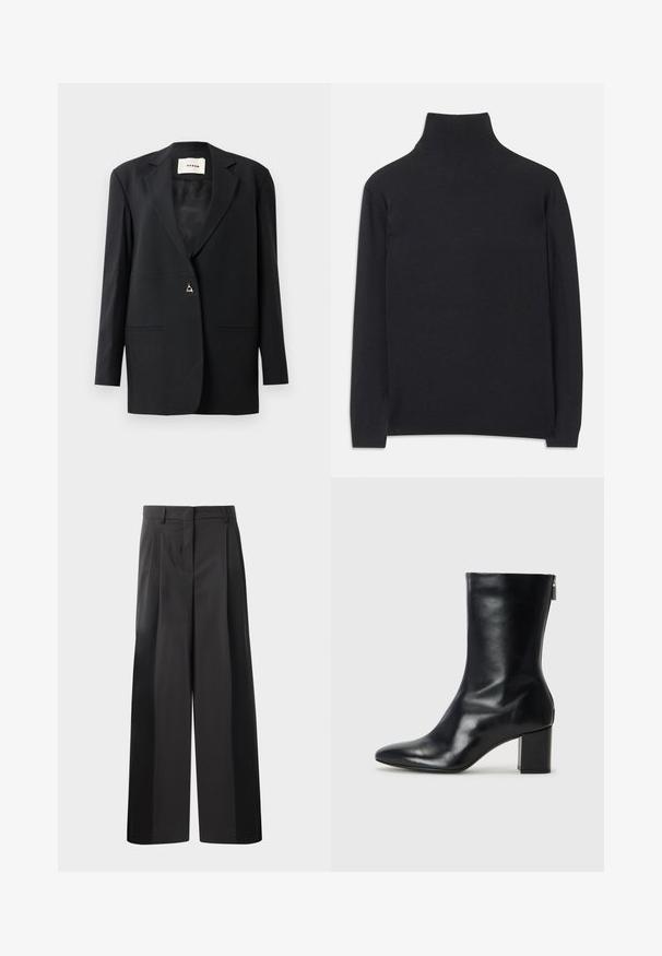 Juodas pritaikytas švarkas su iškarpyta apykakle, vienu mygtuku, dviem priekiniais kišeniais ir elegantiška, lygi tekstūra.; Juodas golfas, pagamintas iš minkštos medžiagos. Jis turi ilgomis rankovėmis, aukštu kaklu ir šonkauliniais rankogaliais bei apvadu, suteikiančiais prigludusį įvaizdį.; Juodos plačios kelnės su aukštu liemeniu, su priekinėmis raukšlėmis, glotnia tekstūra ir pritaikytu apdailos stiliumi. Sukurtos laisvam sėdėjimui.; Juodų odinių kulkšninių botų su smailiu nosiu ir 4 cm pločio bloku. Išskirtinis dizainas pasižymi šoniniu užtrauktuku, leidžiančiu lengvai apsiauti. Lygi tekstūra.