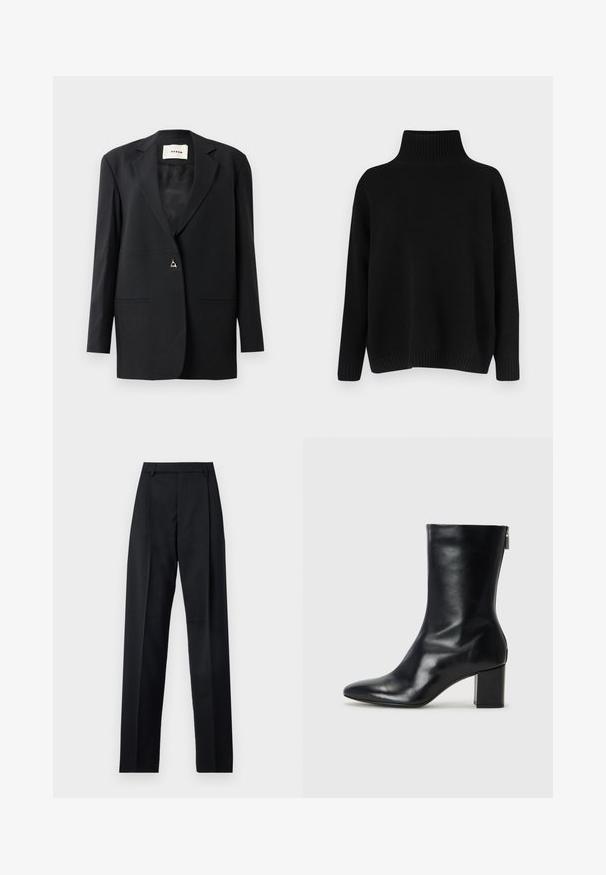 Czarny dopasowany żakiet z wykładanym kołnierzem, pojedynczym zapięciem na guzik, dwiema przednimi kieszeniami oraz gładką, elegancką teksturą.; Czarny dziergany sweter z wysokim prążkowanym kołnierzem, opuszczonymi ramionami i luźnym krojem. Posiada prążkowane mankiety i dół dla tekstury.; Czarne spodnie wykonane z gładkiego materiału, z wysokim stanem, szerokimi nogawkami, fałdami z przodu i klasycznymi szlufkami na pasek. Brak widocznych kieszeni bocznych.; Czarne skórzane botki za kostkę z wydłużonym noskiem i 4-centymetrowym słupkowym obcasem. Smukły design z bocznym zamkiem ułatwiającym zakładanie. Gładka tekstura.
