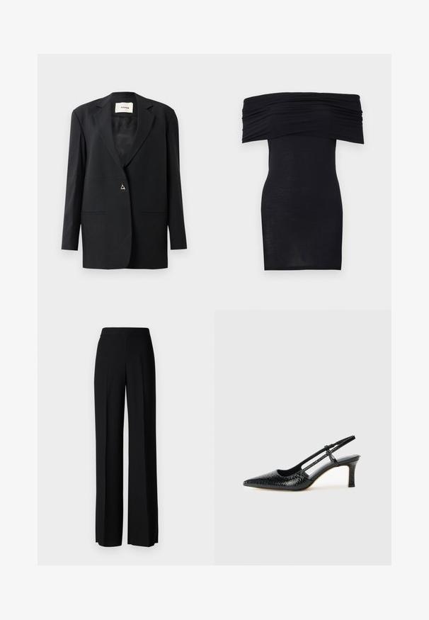 Fekete, testre szabott blézer, bemetszett gallérral, egygombos záródással, két elülső zsebbel és sima, egyenes textúrával.; Fekete, vállnélküli ruha, fodros dekoltázzsal, karcsú fazonnal és sima textúrával. Minimalista dizájn, térd hosszúságú, díszítések nélkül.; Fekete, széles szárú nadrág sima tapintással, magas derékkal és középen pliszével. Nincsenek látható minták vagy fém részletek.; Fekete lakk slingback sarok, hegyes orral, texturált kígyómintával, állítható pánttal és rövid, texturált tömbsarkal.