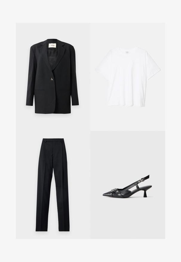 Czarny dopasowany żakiet z wykładanym kołnierzem, pojedynczym zapięciem na guzik, dwiema przednimi kieszeniami oraz gładką, elegancką teksturą.; Biała bawełniana koszulka z krótkim rękawem, okrągłym dekoltem, luźnym krojem i przeszytym brzegiem. Metka widoczna wewnątrz dekoltu.; Czarne spodnie wykonane z gładkiego materiału, z wysokim stanem, szerokimi nogawkami, fałdami z przodu i klasycznymi szlufkami na pasek. Brak widocznych kieszeni bocznych.; Czarne skórzane buty typu slingback z ostrym noskiem, ozdobnymi paskami z metalowymi oczkami oraz niskim klinowym obcasem. Teksturowana powierzchnia.