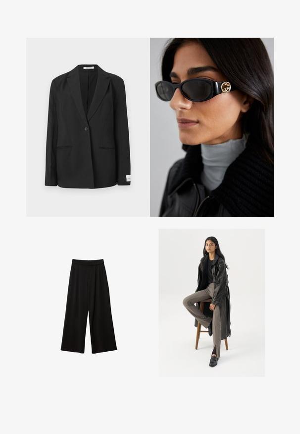 Schwarze Blazer mit Reverskragen, einreihigem Knopfverschluss, zwei vorderen Taschen und einem rechteckigen Abzeichen am Ärmel. Glatte Stoffstruktur.; Weißes Baumwoll-Top mit Rundhalsausschnitt, ohne Ärmel und figurbetontem Schnitt. Glatte Textur, schlichtes Design und minimale Nähdetails.; Schwarze weit geschnittene Hosen mit hoher Taille, die Falten, eine glatte Textur und keine sichtbaren Taschen oder Verzierungen aufweisen.; Schwarzer Leder-Trenchcoat mit Knöpfen und Gürtel-Detail, kombiniert mit hellbraunen, taillierten Hosen und schwarzen Slippern, sitzt auf einem Holzschemel.; Schwarze Sonnenbrille mit einem schlanken rechteckigen Rahmen und einem goldenen Logo-Akzent an der Seite. Dunkle Gläser und glänzende Oberfläche sind auffällig.