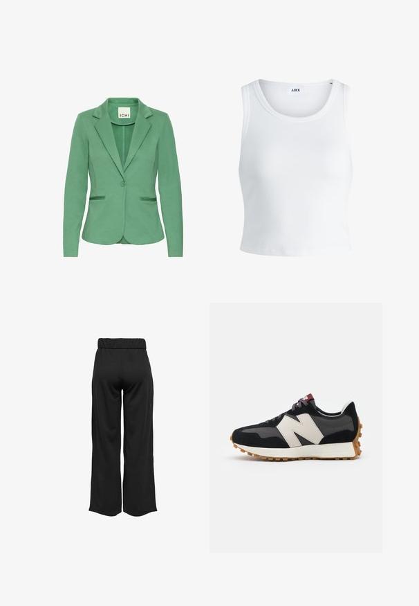 Zielona marynarka z klapami, zapinana na jeden guzik, z dwoma przednimi kieszeniami. Wykonana z teksturowanej tkaniny, charakteryzująca się dopasowanym krojem.; Biały prążkowany top na ramiączkach z okrągłym dekoltem, bez rękawów i skróconej długości. Metka z napisem "JJXX." Gładka faktura materiału.; Czarne, szerokie spodnie z elastycznym pasem, wykonane z gładkiego materiału. Charakteryzują się prostym wzornictwem, bez kieszeni i widocznych szwów.; Czarno-szare zamszowe sneakersy z dużym kremowym logo "N", purpurowymi sznurówkami i teksturowaną gumową podeszwą.