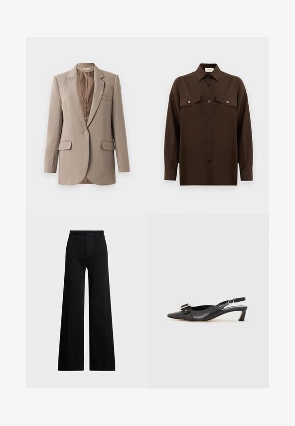 Bež sako napravljen od glatkog materijala, s reverom ušicem, zatvaranjem na jedan dugme i dva prednja džepa, s kontrastnom smeškom podstavom.; Tamno smeđa dugosleeve košulja s dugim rukavima i dugmadi, s dva džepa s preklopom na prsima i klasičnim ovratnikom, prikazana na jednostavnoj bijeloj pozadini.; Crne hlače širokih nogavica izrađene od tkanine, s visokim strukom, prednjim kopčanjem na dugme i bočnim džepovima. Glatka tekstura s čistim linijama.; Crne kožne sandale s remenčićem i šiljastim vrhom, malim potpeticama i dekorativnom kopčom na gornjem dijelu. Glatka tekstura, minimalistički dizajn.