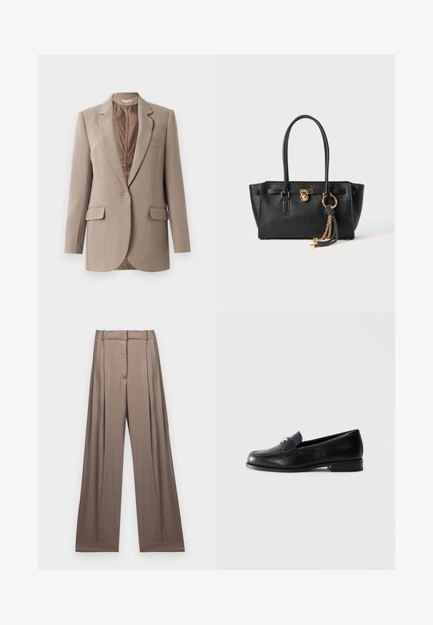 Blazer beige hecho de una tela suave, con solapas de muesca, cierre de un solo botón y dos bolsillos frontales, con un forro marrón en contraste.; Camiseta corta blanca de algodón, con mangas cortas y el logotipo "MICHAEL KORS" bordado en texto a juego en el pecho.; Pantalones de pierna ancha en un color topo suave, fabricados en un tejido liso con un acabado satinado. Presentan una cintura ajustada y pliegues sutiles.; Mocasín de cuero negro con tacón bajo y emblema decorativo dorado en la correa, exhibido sobre un fondo gris claro liso.; Bolso de cuero negro con doble asa, cierre dorado y detalles en cadena, y accesorio de borlas en blanco y negro, sobre fondo blanco.