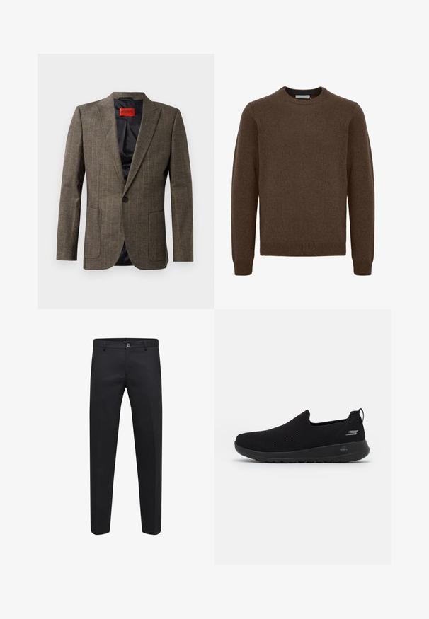 Brūns pārbaudīts žakets, izgatavots no teksturēta auduma, ar divām priekšējām kabatām, iegrieztiem atlokiem un vienu melnu pogu aizdari. Sarkans iekšējais marķējums.; Brūns adīts džemperis ar apaļu kaklu, garām piedurknēm, ribotām piedurknēm un apakšmalu. Izgatavots no mīksta, teksturēta materiāla. Nav redzami nekādi raksti vai akcenti.; Melni piegriezti bikses, kas izgatavotas no gludas auduma, ar pogu aizdari, jostu cilpām un sānu kabatām, ar taisnu kāju dizainu.; Melnas slip-on kedas ar elpojošu acs augšdaļu, apaļu purngalu un mīkstu gumijas zoli. Uz sāna ir logotips.