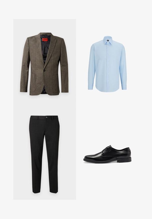 Rudas/juostotas švarkas, pagamintas iš tekstūrinio audinio, su dviem priekinėmis kišenėmis, išpjautomis apykaklėmis ir vienu juodu mygtuku. Raudonas vidinis etiketas.; Šviesiai mėlynas ilgomis rankovėmis marškiniai pagaminti iš lygaus audinio, su mygtukų užsegimu priekyje, smailiu apykaklės dizainu ir įprastu žiūrėjimu.; Juodos kelnės, pagamintos iš lygaus audinio. Jos turi tiesų siluetą, plokščią priekinę dalį ir užsegimą su mygtuku bei paprastą liemens dizainą.; Juodas odinis suknių batelis su lygia apdaila, raištelių dizainu, apvaliu nosiu ir subtiliais siuvinėjimo detalėmis. Turi juodą gumos padą.