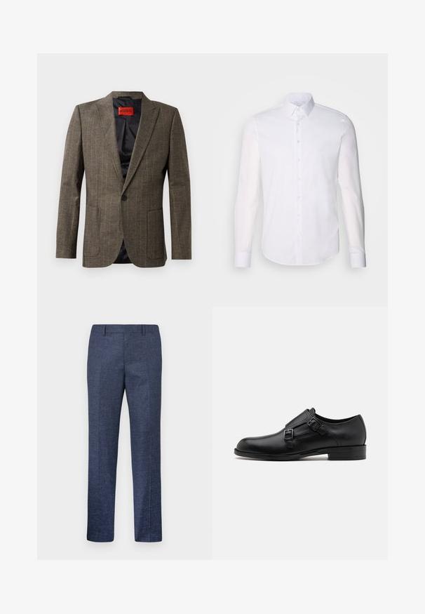 Bruine geruite blazer van een gestructureerde stof, met twee voorzakken, fermcollar en een enkele zwarte knoopsluiting. Rode binnenlabel.; Witte lange mouwen overhemd met knopen, gemaakt van katoen, voorzien van een klassieke kraag, voorkant met knopen en minimale stikdetails.; Navyblauwe broek van een gestructureerde stof, met rechte pijpen, een vlakke voorkant en twee zijzakken. Geen zichtbare patronen of accenten.; Zwarte leren dresschoen met dubbele gespen, slank silhouet en ronde neus. Kenmerkt zich door een lage hak en een gladde textuur.