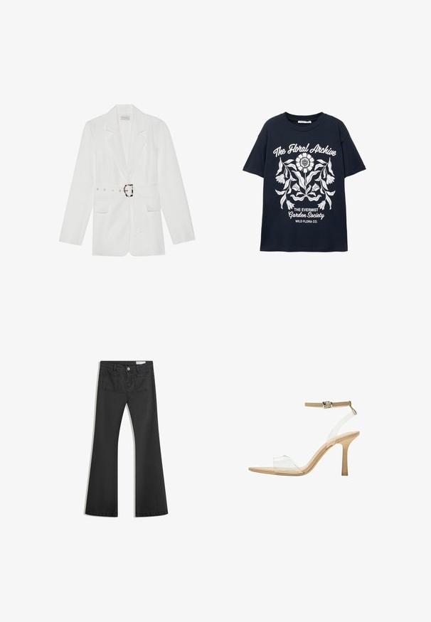 Witte blazer met een tailleriem, twee voorkwasten, piekercellen en een gestructureerde stof. Bevat zilveren hardware bij de riem.; Marineblauwe T-shirt met korte mouwen, voorzien van een witte bloemenillustratie en tekst met de opschriften "The Floral Archive", "The Evermist Garden Society" en "Wild Flora Co."; Zwarte flared jeans van denim met een gladde textuur, voorzien van twee achterzakken en een knoopsluiting bij de taille.; Heldere sandaal met een doorzichtige bovenkant, beige voetbed en een slanke enkelriem. Voorzien van een spitse neus en een dunne hoge hak.
