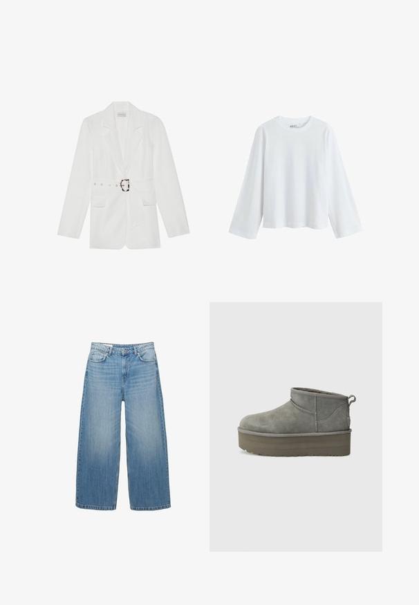 Hvid blazer med bælte i taljen, to forlommer, spidse klapslag og et tekstureret stof. Har sølvfarvet hardware på bæltet.; Hvid langærmet t-shirt lavet af blød bomuld, med rund halsudskæring og drop-shoulder design, med en afslappet pasform og uden synlige mønstre.; Lys blå brede jeans lavet af denim, med et klassisk fem-lomme design og en knaplukning. Har en falmet struktur over det hele.; Grå ruskinds ankelstøvler med rund tå, lav skæring og en tyk platformsål. Har en løftestrop ved hælen og syninger som dekorative detaljer.