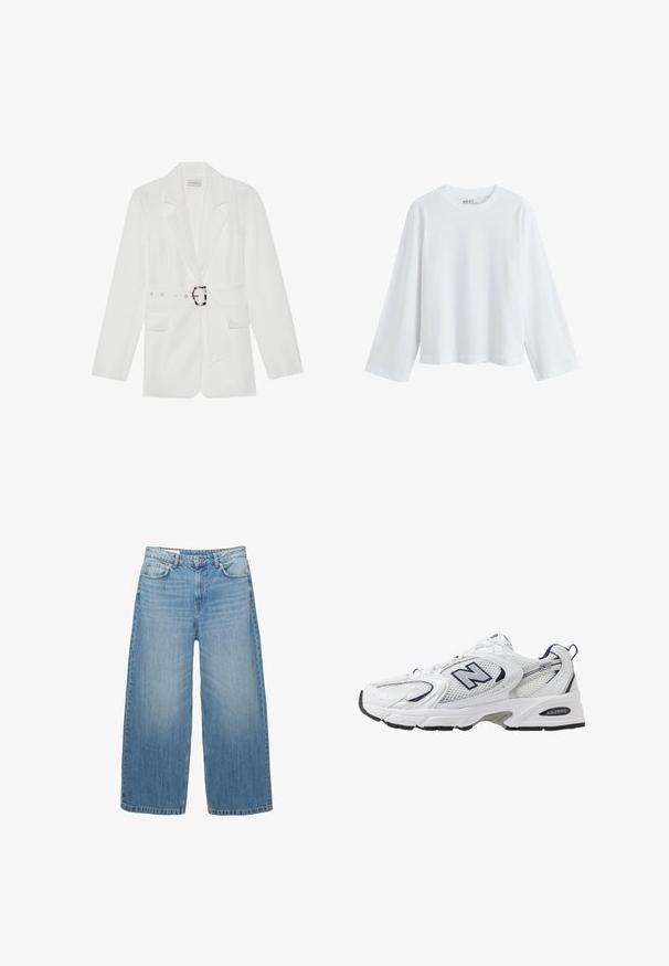 Biały żakiet z paskiem w talii, dwoma przednimi kieszeniami, wyłogami i teksturowanym materiałem. Posiada srebrne akcesoria na pasku.; Biały, długi rękaw t-shirt wykonany z miękkiej bawełny, z okrągłym dekoltem i luźnym krojem na ramionach, o wygodnym kroju i bez widocznych wzorów.; Jasnoniebieskie dżinsy o szerokich nogawkach, wykonane z denimu, charakteryzujące się klasycznym pięciopocketowym fasonem i zapięciem na guzik. Przez cały materiał widoczny jest efekt wypłowienia.; Białe sportowe buty z siateczkową cholewką, granatowymi akcentami i wyściełaną podeszwą. Posiadają logo "N", sznurówki oraz teksturowany detal po boku.