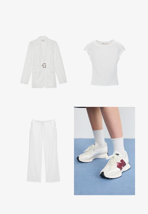 Biały żakiet z paskiem w talii, dwoma przednimi kieszeniami, wyłogami i teksturowanym materiałem. Posiada srebrne akcesoria na pasku.; Biała bawełniana koszulka z okrągłym dekoltem, rękawami typu cap i dopasowanym krojem. Gładka faktura, bez wzorów i ozdób.; Białe szerokie spodnie z miękkiego materiału, z elastycznym pasem i sznurkiem do regulacji oraz dwiema bocznymi kieszeniami. Prosty i schludny design.; Para białych sneakersów z bordowymi akcentami, teksturowanymi panelami, płaską czarną podeszwą i jasnymi sznurowadłami, noszonych z białymi skarpetkami do kostek.