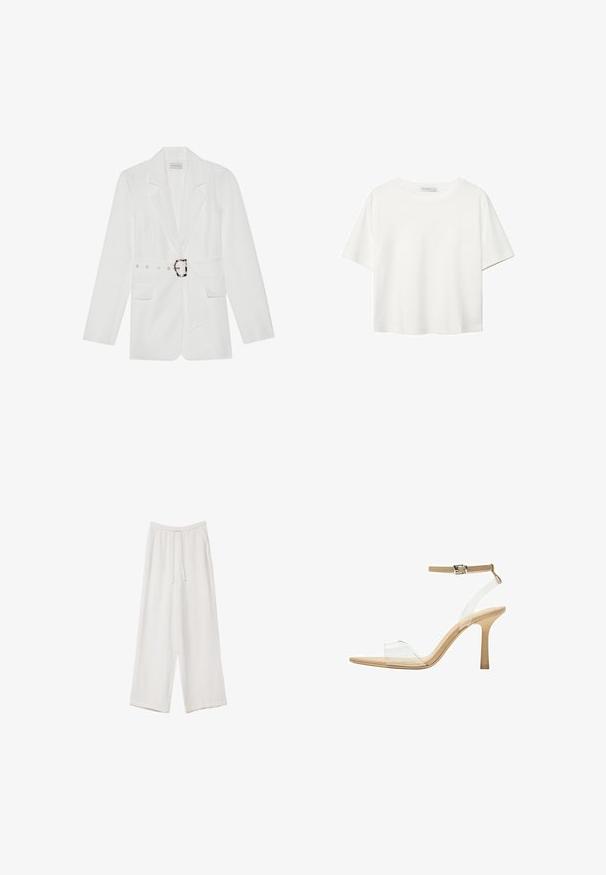 White blazer with a belted waist, two front pockets, peaked lapels, and a textured fabric. Features silver hardware at the belt.; White short-sleeve t-shirt made of cotton. Features a crew neckline and a relaxed fit. Smooth texture with no visible patterns or accents.; White wide-leg trousers made from a lightweight fabric. Features an elastic waistband with a drawstring and side pockets. Smooth texture.; Clear heeled sandal with a transparent upper, beige footbed, and a slender ankle strap. Features a pointed toe and a thin high heel.