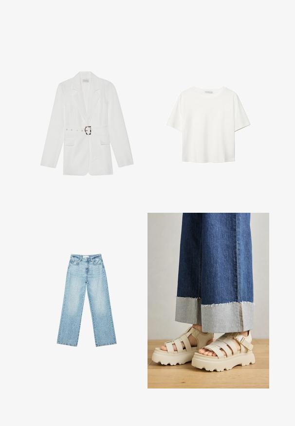 Bílý blazer s páskem v pase, dvěma předními kapsami, špičatými klopami a texturovaným materiálem. Obsahuje stříbrné kovové detaily na pásku.; Bílý krátký rukáv tričko vyrobené z bavlny. Má kulatý výstřih a volný střih. Hladký materiál bez viditelných vzorů nebo akcentů.; Světle modré džíny s širokými nohavicemi a vysokým pasem, s bledým odstínem a malými, rozptýlenými detaily opotřebení po celém povrchu.; Béžové platformové sandály s tlustými podešvemi mají páskový design a nastavitelné kotníkové pásky. Jsou nošeny s širokými džínovými kalhotami, přičemž jedna nohavice je roztrhaná.