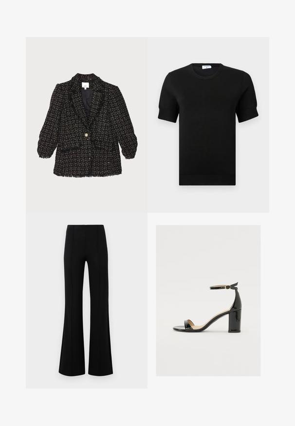 Svart tweedblazer med ett texturerat mönster, puffärmar, enkel guldklickstängning och två framfickor. Fransade kanter.; Svart kortärmad stickad topp med rund halsringning. Detaljerad med subtila revär vid ärmar och fåll, tillverkad av ett mjukt och slätt tyg.; Svarta vida byxor med hög midja, tillverkade av elastiskt tyg. Har vertikala sömmar framtill och en jämn yta.; Svart lacklädersandal med bred klack, öppen tå och ankelsnöre med ett gyllene spänne. Slät textur och elegant design.