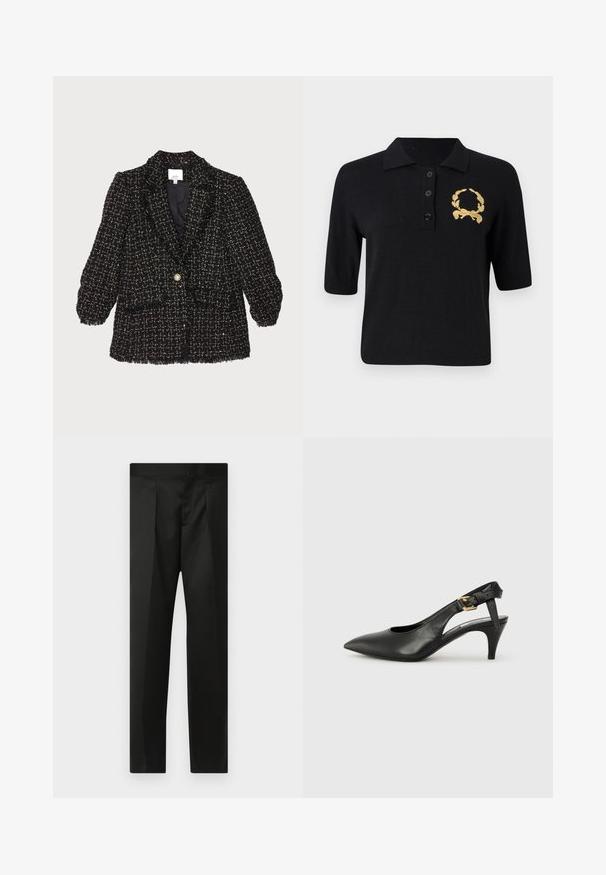 Melnā tweed bleizeris ar teksturētu rakstu, uzpūstām piedurknēm, ar vienu zelta pogu un divām priekšējām kabatām. Ar saplēstiem malām.; Melnā īsām piedurkņu polo krekls, izgatavots no mīksta auduma, ar apkakli, trim pogām un zelta lauru zaru emblēmu kreisajā krūtīs.; Melnas bikses ar gludu audumu, pielāgotu dizainu, taisnām kājām un platu jostu bez redzamām aizdaram vai kabatām.; Melnas ādas siksnu pumpas ar norādītu pirkstu, nelielu papēdi un sprādzes detaļu uz potītes siksnas. Gluda tekstūra, minimalistisks dizains.