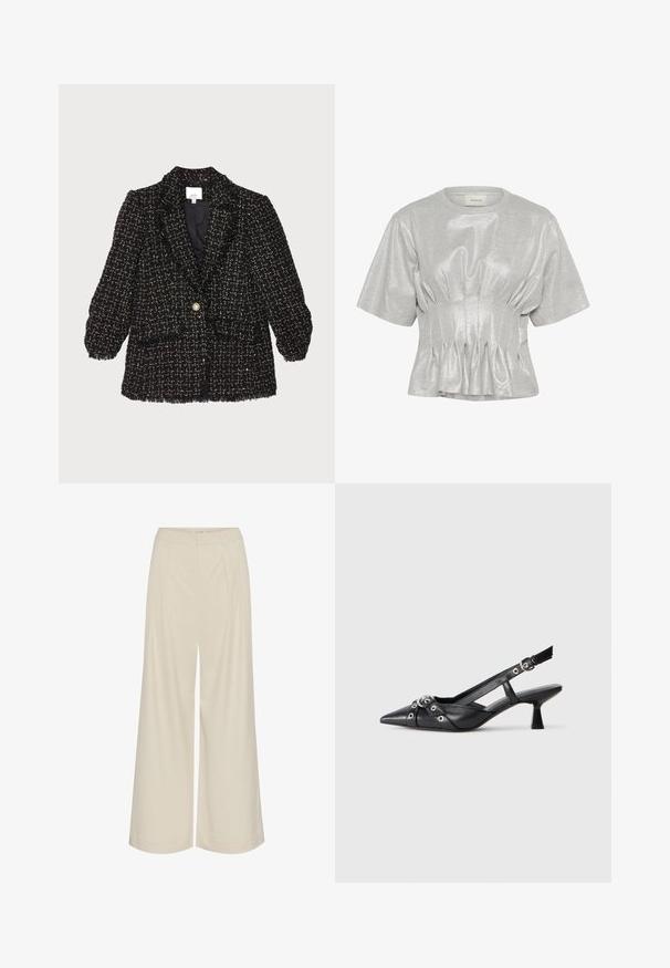 Fekete tweed zakó textúrált mintával, puffos ujjakkal, egyetlen arany gombbal záródik, és két elülső zsebe van. Feltünő, szálkás élek.; Rövid ujjú, ezüstszínű fémes felső, összegyűrt, behúzott derékkal és kerek nyakkivágással, fehér háttér előtt bemutatva.; Széles szárú nadrág, világos bézs színű anyagból, pliszírozással, magas derékkal és sima textúrával, látható díszítések nélkül.; Fekete bőr slingback cipő hegyes orral, dekoratív pántokkal, fém szemekkel és alacsony blokk sarkú. Texturált felület.