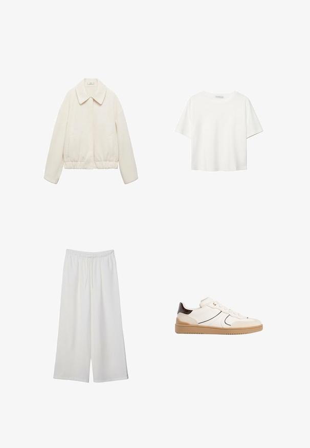Lys beige ribbet jakke med krave, elastisk talje og to sidelommer. Teksturstof med en blød overflade.; Hvid kortærmet t-shirt lavet af bomuld. Har en rund halsudskæring og en afslappet pasform. Glat tekstur uden synlige mønstre eller detaljer.; Hvide vidde bukser lavet af letvægtsstof, med en elastisk talje og snøre for justerbar pasform. Glat tekstur.; Stradivarius Sneakers - white
