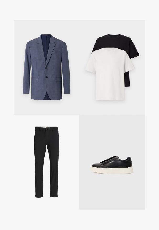 Navy blue blazer made of textured fabric, featuring a subtle checked pattern, two front pockets, and two buttons on the front.; Cotton t-shirt set featuring a black top and a white top, both with short sleeves, round neckline, and standard fit. Textured fabric.; Black cotton blend pants with a slim fit, featuring a button closure, pockets, and rolled cuffs for a casual finish.; Black slip-on sneaker with textured leather upper, white rubber sole, and no visible laces. Features brand logo on the side.