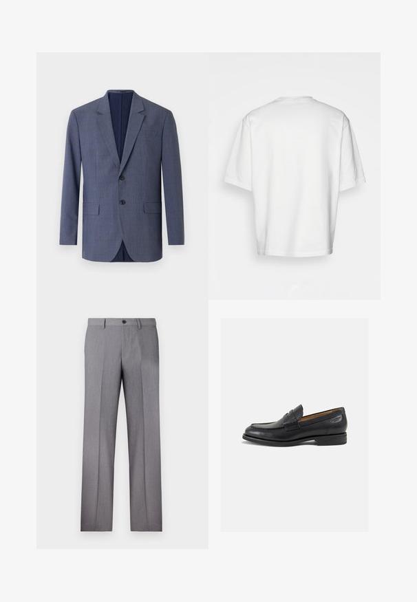 Granatowa marynarka wykonana z fakturowanej tkaniny, z delikatnym wzorem w kratę, dwiema przednimi kieszeniami i dwoma guzikami z przodu.; Biała, krótkiego rękawa koszulka, luźny krój, okrągły dekolt, gładki bawełniany materiał, nieozdobione plecy, prosta linia dołu, bez wzorów ani akcentów.; Szare dopasowane spodnie z płaskim przodem, dwoma bocznymi kieszeniami i pojedynczym zapięciem na guzik. Gładka faktura z delikatnym wzorem w prążek.; Czarne skórzane mokasyny o gładkim wykończeniu, zaokrąglonym nosku i dekoracyjnym przeszyciu na cholewce. Niski, warstwowy obcas i delikatny połysk.