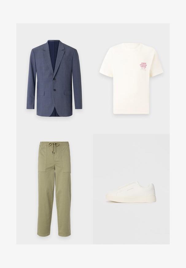 Blazer azul-marinho feito de tecido texturizado, apresentando um padrão quadrado subtil, dois bolsos frontais e dois botões na frente.; T-shirt branca de mangas curtas com o texto vermelho "Edição Originais do Estúdio" no lado esquerdo do peito, apresentada sobre um fundo cinza neutro.; Calças verde-oliva claras feitas de um tecido de algodão misto, com um cós elástico com cordão e dois bolsos laterais grandes.; Sapatilhas brancas de atacar com uma superfície texturizada, sola grossa e design minimalista. Possui o logo da marca na lateral.