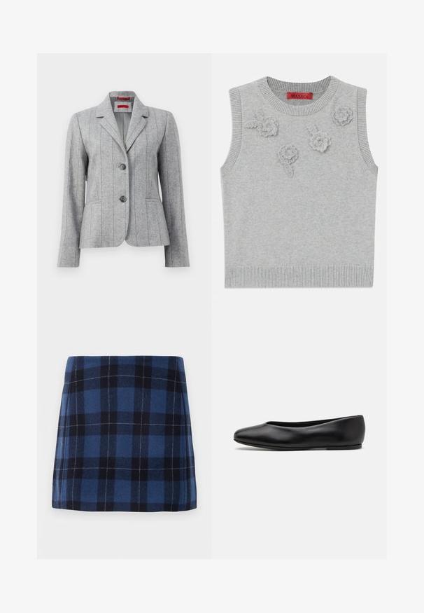 Blazer grigio su misura con colletto a rever, due bottoni frontali, cuciture verticali e tasche frontali, esposto su sfondo bianco.; Maglioncino senza maniche grigio chiaro con scollatura e orlo a costine. Presenta tre applicazioni floreali testurizzate sulla parte anteriore. Etichetta del marchio: MAX&Co.; Gonna a quadri mini in blu scuro e navy, realizzata in un tessuto morbido con una finitura leggermente testurizzata. Presenta una linea dritta e linee pulite.; Paul Smith TOPANGA - Ballerine - black