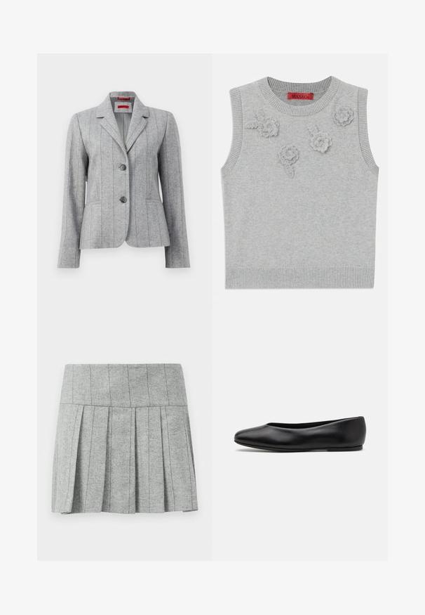 Grey tailored blazer with lapel collar, two front buttons, vertical stitched seams, and front pockets, displayed on a white background.; Light grey sleeveless sweater with a ribbed neckline and hem. Features three textured floral appliqués on the front. Brand label: MAX&Co.; Gray pleated skirt made from herringbone-patterned fabric; features a structured waistband and a straight cut at the bottom.; Paul Smith TOPANGA - Ballet pumps - black