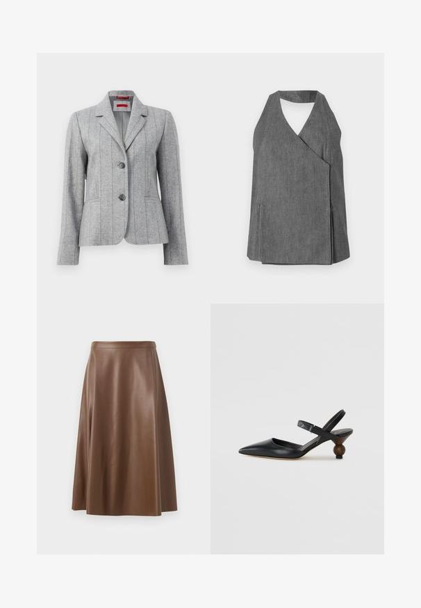 Hallitatud hall bleiser, millel on krae, kaks esimest nuppu, vertikaalsed õmblused ja esikotid, esitatud valgel taustal.; Halli hallast hallest top, millel on kokkuvõtlik disain, V-kujuline kaelus ja külgmised lõhenemised. Sujuv tekstuur koos peente tikandite detailidega.; Pruun nahkne A-line seelik, millel on sile tekstuur ja keskmise pikkusega lõhik. Omab sobivat vöökohta ja kerget laienemist puusadelt.; Must musta slingback kingad terava varba, kõverdisainiga ja ümar puidust sarnane konts. Omab kitsast pahkluu rihma.