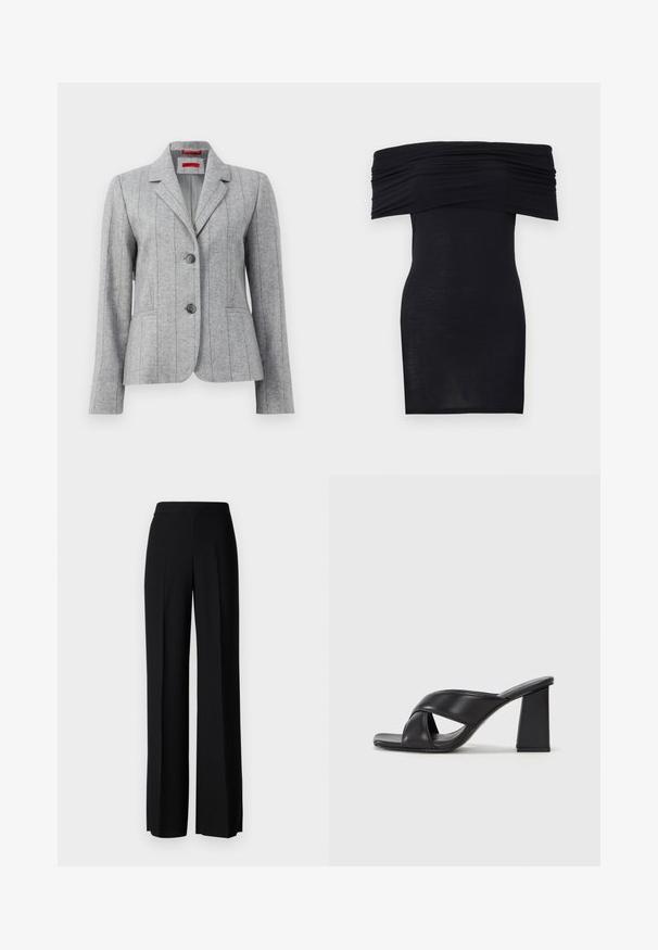 Sivý strihový blazer s klopovým golierom, dvoma prednými gombíkmi, vertikálnymi šitými švami a prednými vreckami, vystavený na bielom pozadí.; Čierne šaty bez ramienok s riaseným výstrihom, tesný strih a hladká textura. Minimalistický dizajn, dĺžka po kolená bez ďalších ozdôb.; Čierne široké nohavice s hladkým povrchom, s vysokým pásom a stredovými skladmi. Žiadne viditeľné vzory ani hardvérové detaily.; MAX&Co. SOHO - Sandále na vysokom opätku - schwarz