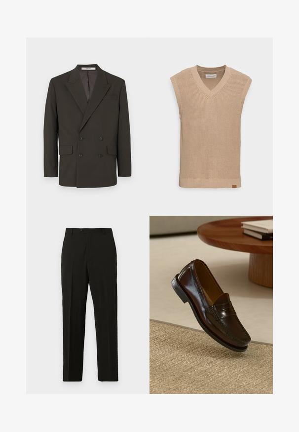 Double-breasted dark brown blazer made of smooth fabric, featuring a notched lapel, two front pockets, and matte black buttons.; Beige knitted sleeveless sweater vest with a V-neck, ribbed texture, and a small leather logo tag at the bottom left side.; Black tailored trousers made from a smooth fabric, featuring a straight cut, a button closure, and front pleats for added structure.; Brown leather loafers with a glossy finish, featuring a stitched detail across the front and a low-profile black rubber sole.