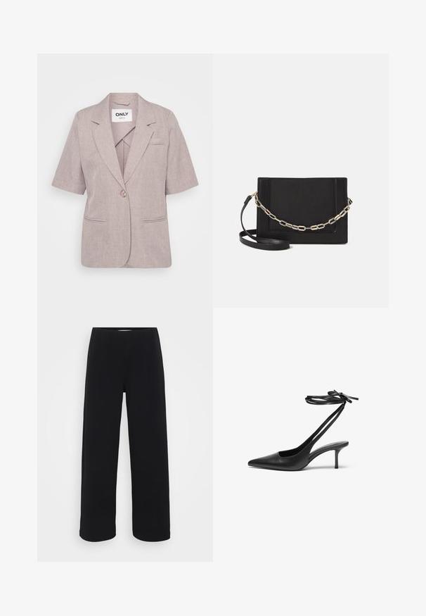 Light mauve blazer jacket made of textured fabric, featuring short sleeves, a single button closure, and two front pockets.; Even&Odd Petite 2 PACK - Basic T-shirt - white/black; Black wide-leg pants with an elastic waistband. Made from a textured material, featuring a loose fit and straight cut from hips to hem.; Black leather stiletto shoe with a pointed toe, open back, and ankle straps tied in a bow. Slim 3-inch heel. Smooth texture, minimalist design.; Black leather crossbody bag featuring a smooth texture, rectangular shape, and a metallic chain detail on the front. Adjustable strap included.