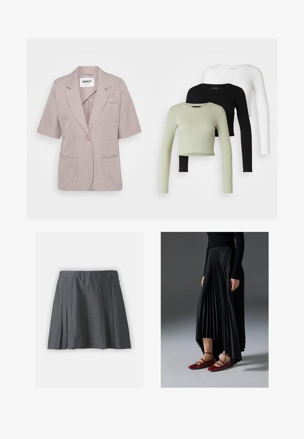 Svetlo mauve blazer jakna iz teksturiranega materiala, z kratkimi rokavi, enojnim gumbom za zapiranje in dvema sprednjima žepoma.; Even&Odd Petite 3 PACK - Majica z dolgimi rokavi - black/white/light green; Siva nabrana krilka iz teksturiranega materiala, z pasom in skrito zadrgo. Ima enakomerno razporejene nabore za strukturiran videz.; Črna nabrana krila z višjim sprednjim in nižjim zadnjim delom, kombinirana z sijočimi rdečimi balerinkami s trakastim dizajnom. Tkanina ima gladko teksturo.