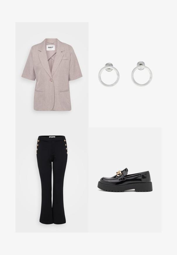 Svijetlo ljubičasti blazer od teksturirane tkanine, s kratkim rukavima, jednim dugmetom za kopčanje i dva prednja džepa.; Even&Odd Petite 3 PACK - Top dugih rukava - black/white/light green; Crne široke hlače od glatkog materijala, s zlatnim gumbima uz struk kao detaljem i prilagođenim siluetom.; Crne lakirane kožne mokasine sa debelim crnim potplatom i detaljima od zlata. Glatka tekstura i dizajn okruglog vrha.; Srebrne metalne naušnice u obliku prstena s brušenom teksturom, s kružnim dizajnom i prozirnom vrstom kopče za sigurno nošenje.