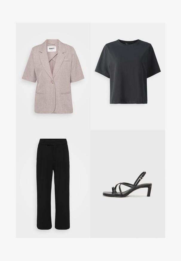 Vaaleanliila bleiseri, joka on valmistettu tekstuurillisesta kankaasta, lyhyillä hihoilla, yhdessä napin kiinnityksellä ja kahdella etutaskulla.; Mustat puuvillapaita, lyhyet hihat, pyöreä kaula-aukko, rento istuvuus, sileä pinta, yksinkertainen muotoilu, ilman kuvioita tai koristeita.; Mustat legginsit, joissa on leveä lahje, valmistettu sileästä kankaasta, ja joissa on tasainen etuosa, vyölenkit ja ei näkyviä taskuja. Siisti, muotoiltu muotoilu.; Mustat hihnalligat, joissa on neliön muotoinen kärki ja matala lohkokorko. Ominaisuuksiin kuuluu useita ohuita hihnoja ja säädettävä nilkkahihna. Valmistettu sileästä nahasta.