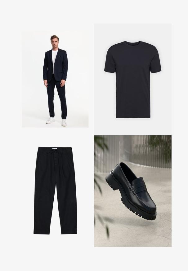 Námornícky oblek s dvojitým gombíkom a klopou, v kombinácii s nohavicami zo súpravy a bielym tričkom, doplnený bielymi teniskami.; Čierne bavlnené tričko, krátke rukávy, okrúhly výstrih, jednofarebné, ľahká tkanina, hladká textúra, bez viditeľných vzorov alebo grafiky.; Pier One Nohavice chinos - black; Čierne kožené loafery s robustnou podrážkou, s dekoratívnym pásikom a prešívaním. Hladký povrch s lesklým finišom.