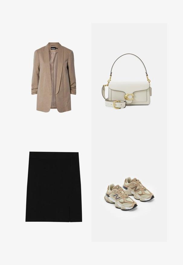 Blazer beige con un brillo sutil, solapas estructuradas y mangas recogidas. El interior cuenta con un forro suave. Etiqueta de la marca visible.; Camisa blanca de manga larga hecha de algodón con frente abotonado, cuello clásico y dobladillo redondeado, que presenta un corte relajado y sin patrones.; Mini falda negra de tejido suave con un diseño ajustado, que presenta una ligera abertura en el costado para mayor detalle.; Zapatillas beige con materiales de malla y ante. Presenta un logo negro y acentos texturizados. Suela media blanca gruesa y suela exterior negra de goma.; Bolso de cuero blanco con herrajes dorados, con cierre de solapa y una correa desmontable y ajustable. Adorno metálico redondeado en el centro.